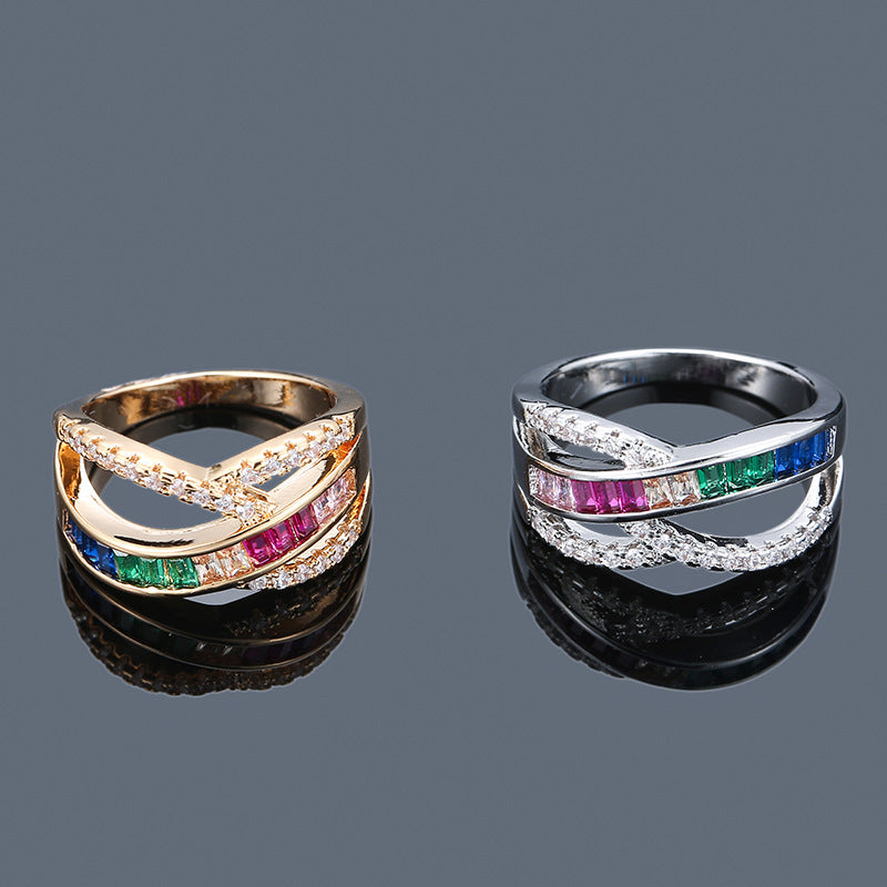 Luxurious Geometric Rings For Women In Silver Plated Copper With Zircon Inlay Featuring Electroplated Gold Plating