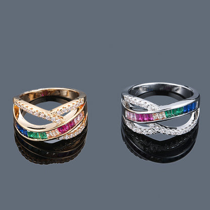 Luxurious Geometric Rings For Women In Silver Plated Copper With Zircon Inlay Featuring Electroplated Gold Plating