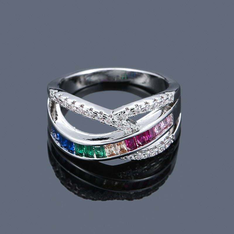 Luxurious Geometric Rings For Women In Silver Plated Copper With Zircon Inlay Featuring Electroplated Gold Plating