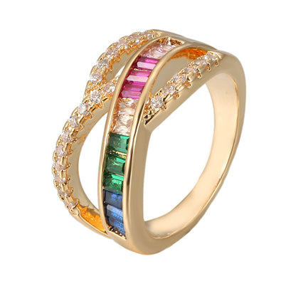 Luxurious Geometric Rings For Women In Silver Plated Copper With Zircon Inlay Featuring Electroplated Gold Plating