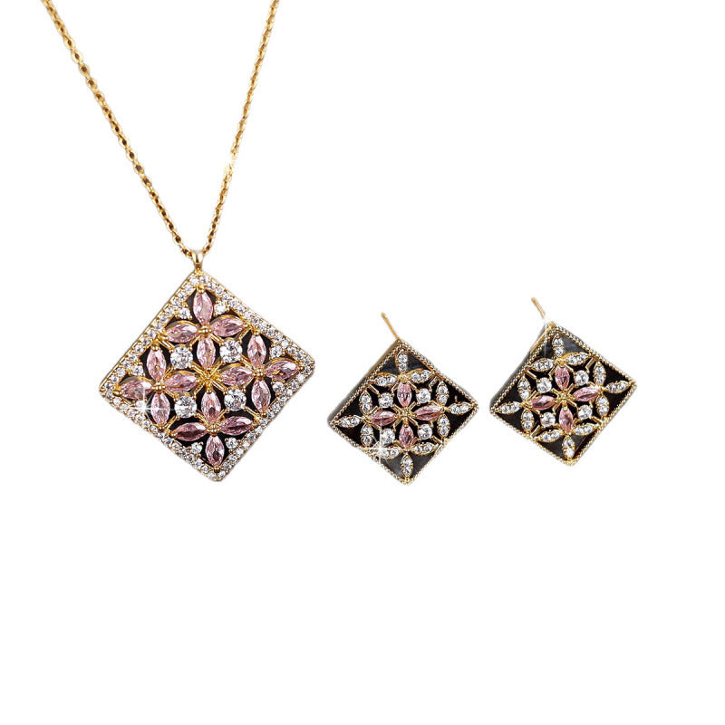 Sweet Rhombus Jewelry Set For Women In Copper With Zircon Inlay And Micro Super Whisper Thin Chain