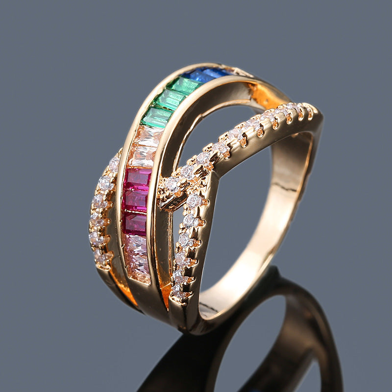 Luxurious Geometric Rings For Women In Silver Plated Copper With Zircon Inlay Featuring Electroplated Gold Plating