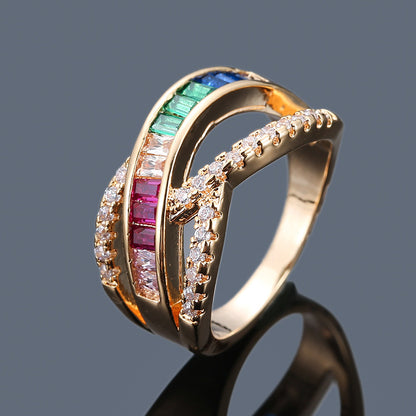 Luxurious Geometric Rings For Women In Silver Plated Copper With Zircon Inlay Featuring Electroplated Gold Plating