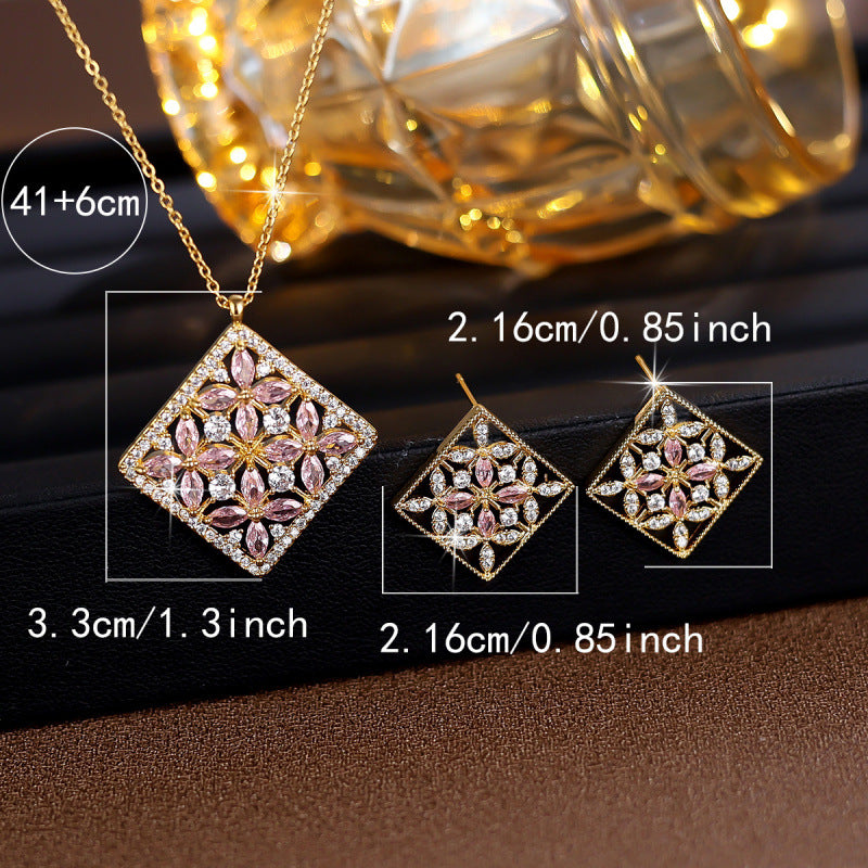 Sweet Rhombus Jewelry Set For Women In Copper With Zircon Inlay And Micro Super Whisper Thin Chain