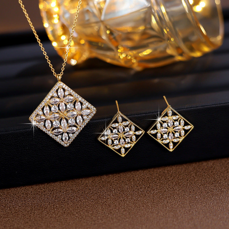Sweet Rhombus Jewelry Set For Women In Copper With Zircon Inlay And Micro Super Whisper Thin Chain