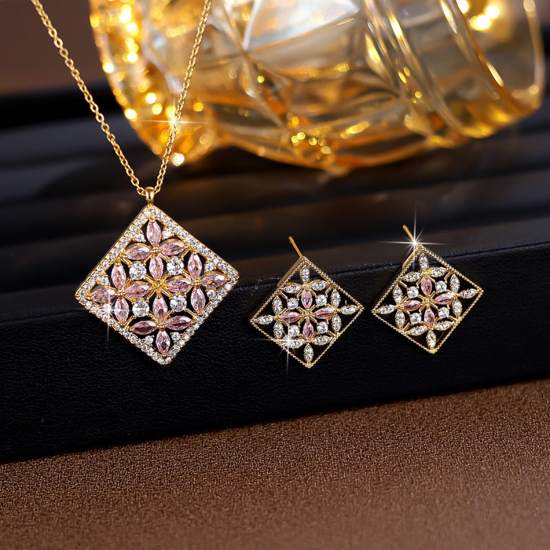 Sweet Rhombus Jewelry Set For Women In Copper With Zircon Inlay And Micro Super Whisper Thin Chain