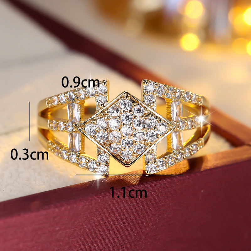 Geometric Copper Ring For Women With Zircon Inlay In Gold
