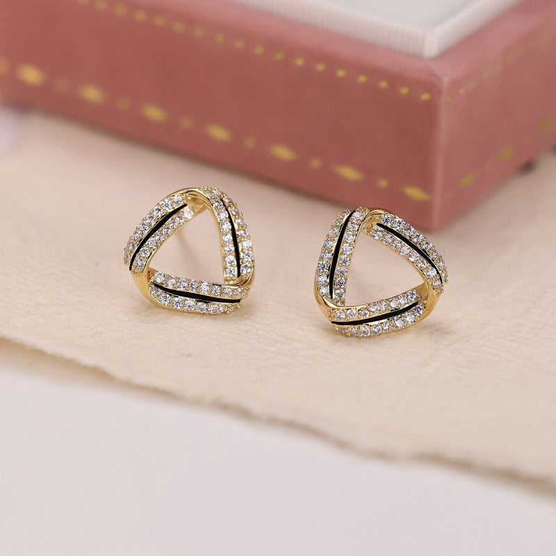 Trillion-cut Stud Earrings For Women In Gold With Copper Ear Pins And Zircon Inlay Featuring Bezel Setting