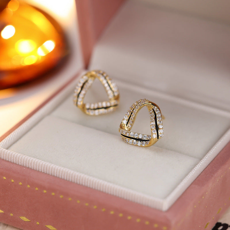 Trillion-cut Stud Earrings For Women In Gold With Copper Ear Pins And Zircon Inlay Featuring Bezel Setting