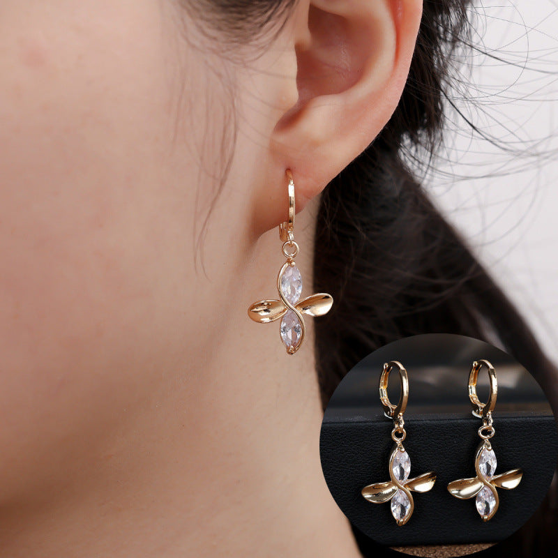 Gold Flowers Drop Earrings For Women Featuring Copper Ear Pins And Zircon Inlay Material