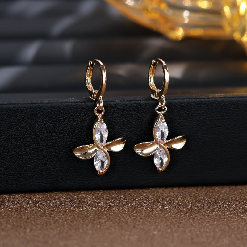 Gold Flowers Drop Earrings For Women Featuring Copper Ear Pins And Zircon Inlay Material