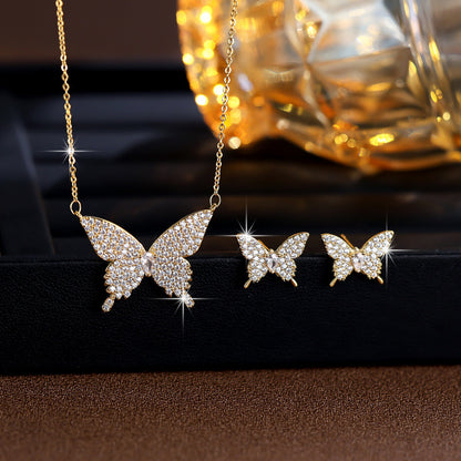 Butterfly Jewelry Set For Women In Gold Brass With Electroplated Finish And Zircon Inlay
