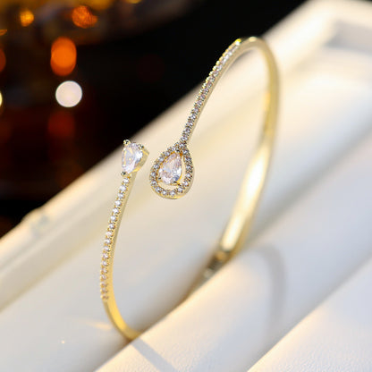 Luxurious Water Droplets Cuff Bracelet With Zircon Inlay, Electroplated Copper Bangle