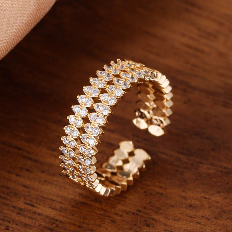 Sweet Geometric Ring For Women With Electroplated Copper And Zircon Inlay Featuring Bezel Setting