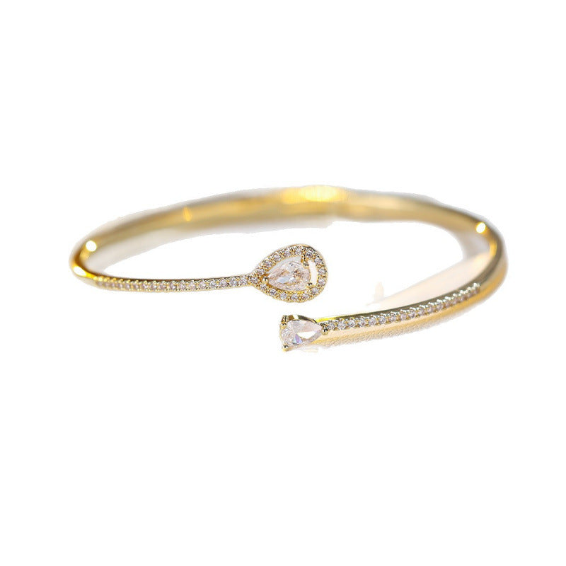Luxurious Water Droplets Cuff Bracelet With Zircon Inlay, Electroplated Copper Bangle