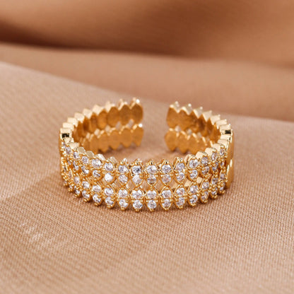 Sweet Geometric Ring For Women With Electroplated Copper And Zircon Inlay Featuring Bezel Setting