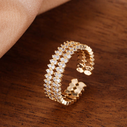 Sweet Geometric Ring For Women With Electroplated Copper And Zircon Inlay Featuring Bezel Setting
