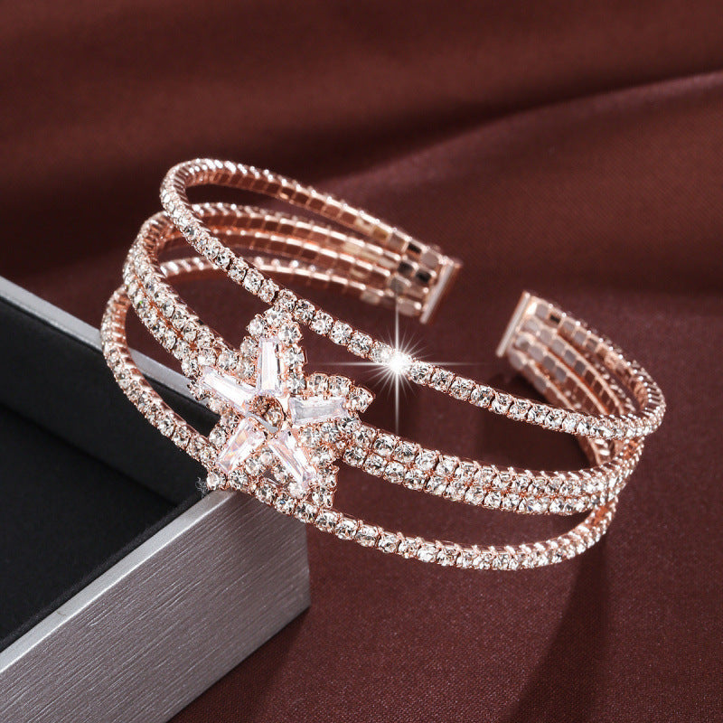 Elegant Star Pattern Copper Bangle With Electroplated Gold Plating And Zircon Inlay