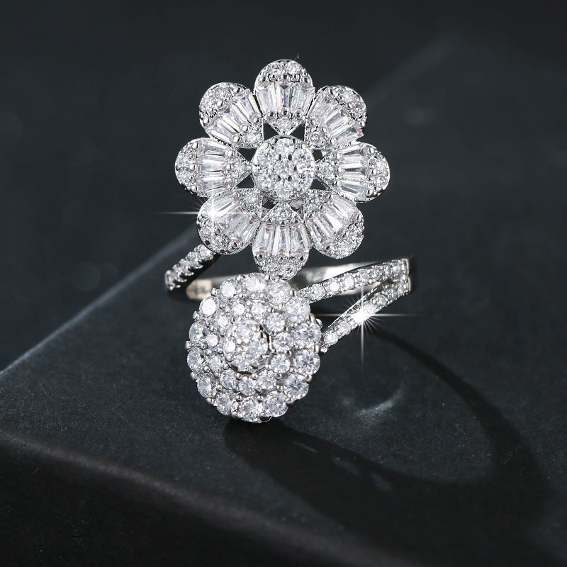 Women’s Open Ring Featuring Flowers Design, Platinum Plated Copper With Zircon Inlay, Electroplated Finish