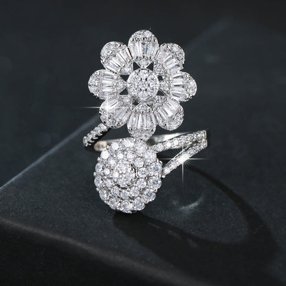 Women’s Open Ring Featuring Flowers Design, Platinum Plated Copper With Zircon Inlay, Electroplated Finish
