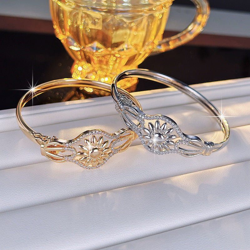 Luxurious Sunflower Bangle In Gold Electroplated Copper With Zircon Inlay