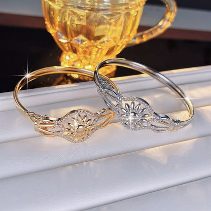 Luxurious Sunflower Bangle In Gold Electroplated Copper With Zircon Inlay
