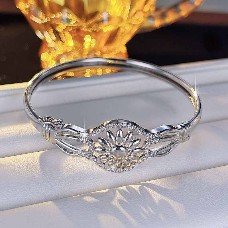 Luxurious Sunflower Bangle In Gold Electroplated Copper With Zircon Inlay