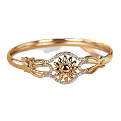 Luxurious Sunflower Bangle In Gold Electroplated Copper With Zircon Inlay
