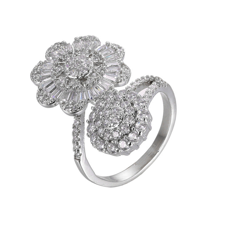 Women’s Open Ring Featuring Flowers Design, Platinum Plated Copper With Zircon Inlay, Electroplated Finish