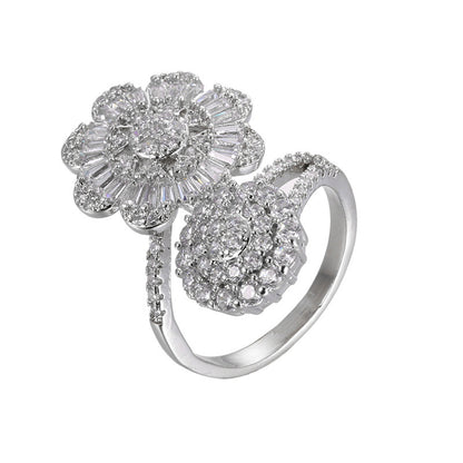 Women’s Open Ring Featuring Flowers Design, Platinum Plated Copper With Zircon Inlay, Electroplated Finish