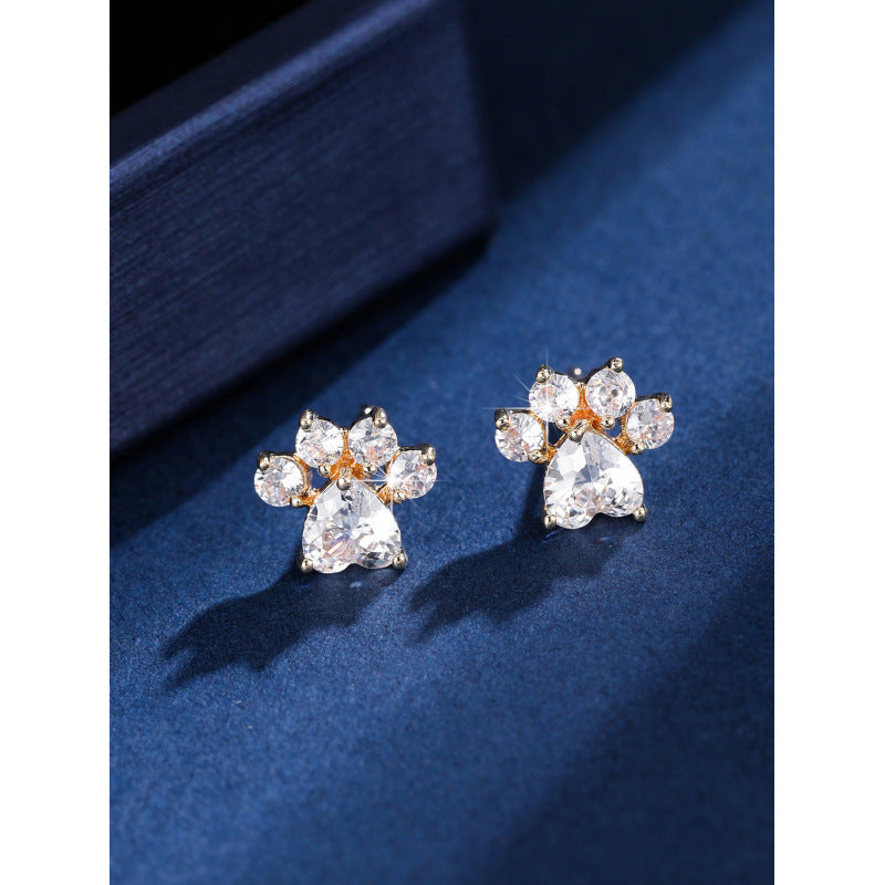 Gold Cat Stud Earrings For Women Featuring Copper Ear Pins And Zircon Inlay