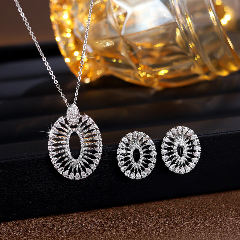 Sunflower Jewelry Set For Women In Copper With Platinum Plated Finish And Zircon Inlay, 1 Set