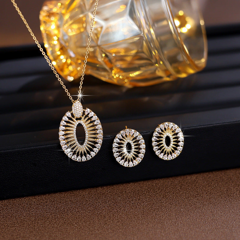 Sunflower Jewelry Set For Women In Copper With Platinum Plated Finish And Zircon Inlay, 1 Set