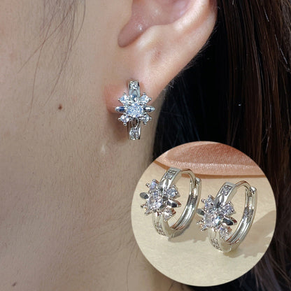Sweet Flowers Copper Earrings For Women With Zircon Inlay In Silver, Featuring Elegant Ear Clips