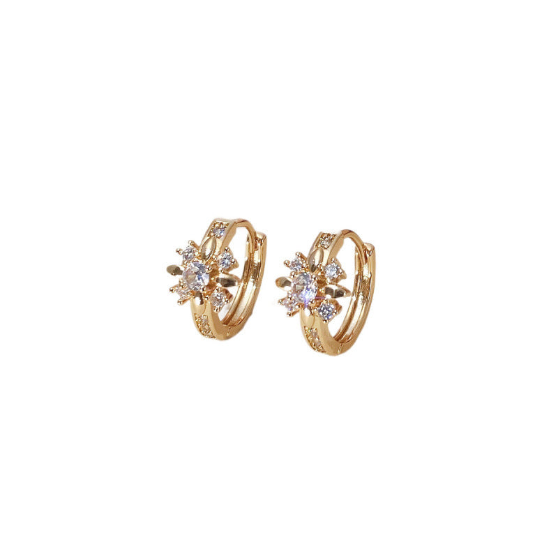 Sweet Flowers Copper Earrings For Women With Zircon Inlay In Silver, Featuring Elegant Ear Clips