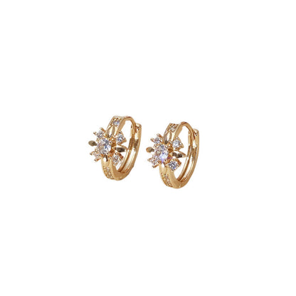 Sweet Flowers Copper Earrings For Women With Zircon Inlay In Silver, Featuring Elegant Ear Clips