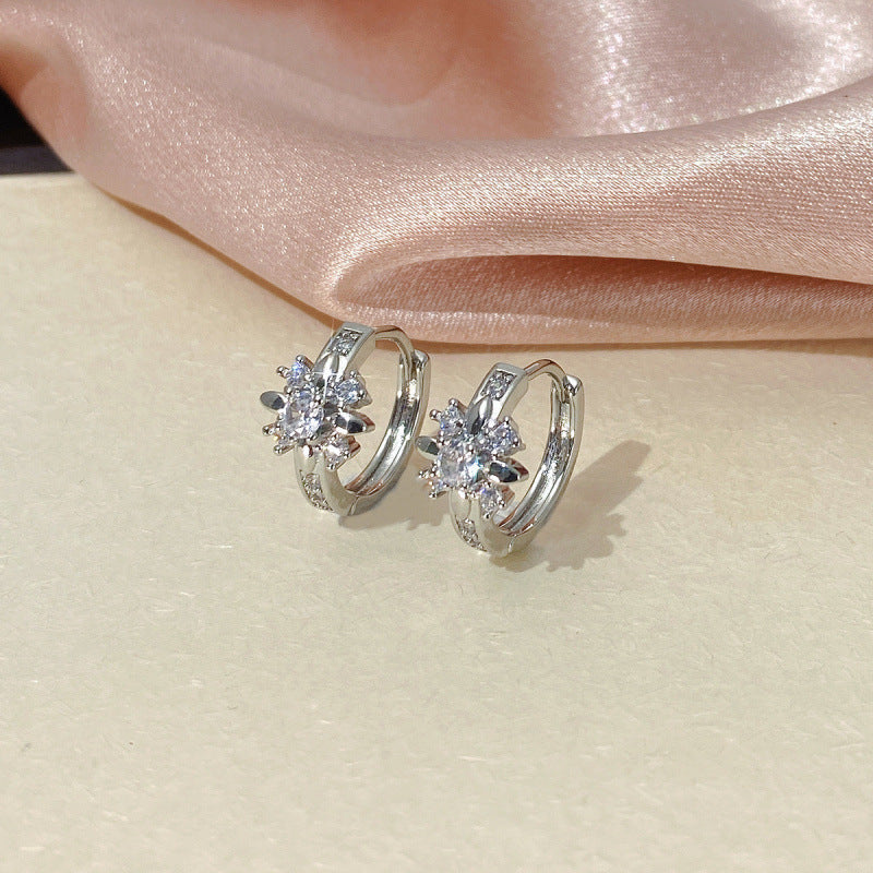 Sweet Flowers Copper Earrings For Women With Zircon Inlay In Silver, Featuring Elegant Ear Clips