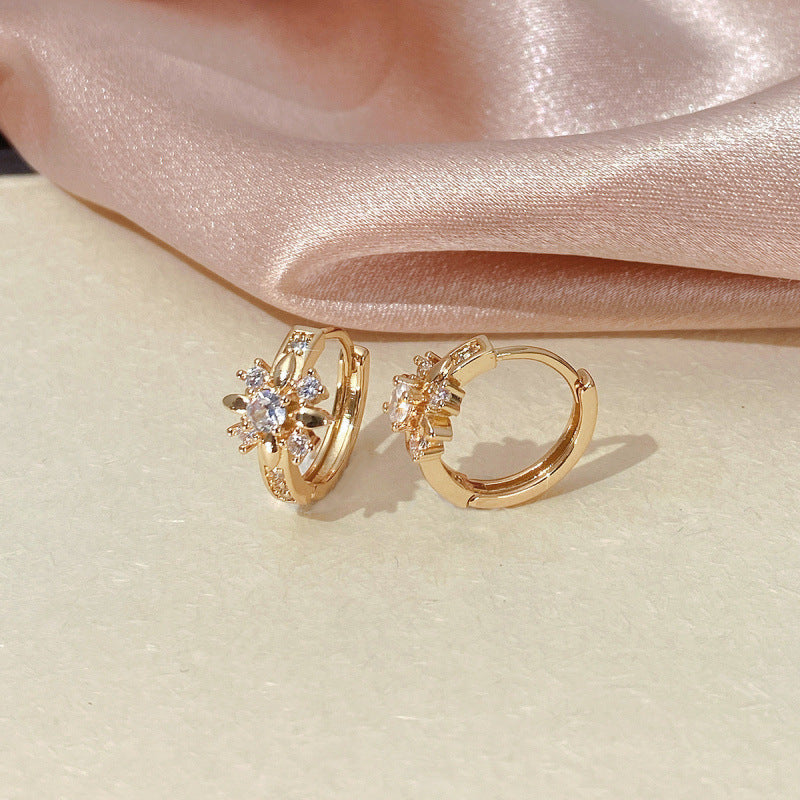 Sweet Flowers Copper Earrings For Women With Zircon Inlay In Silver, Featuring Elegant Ear Clips