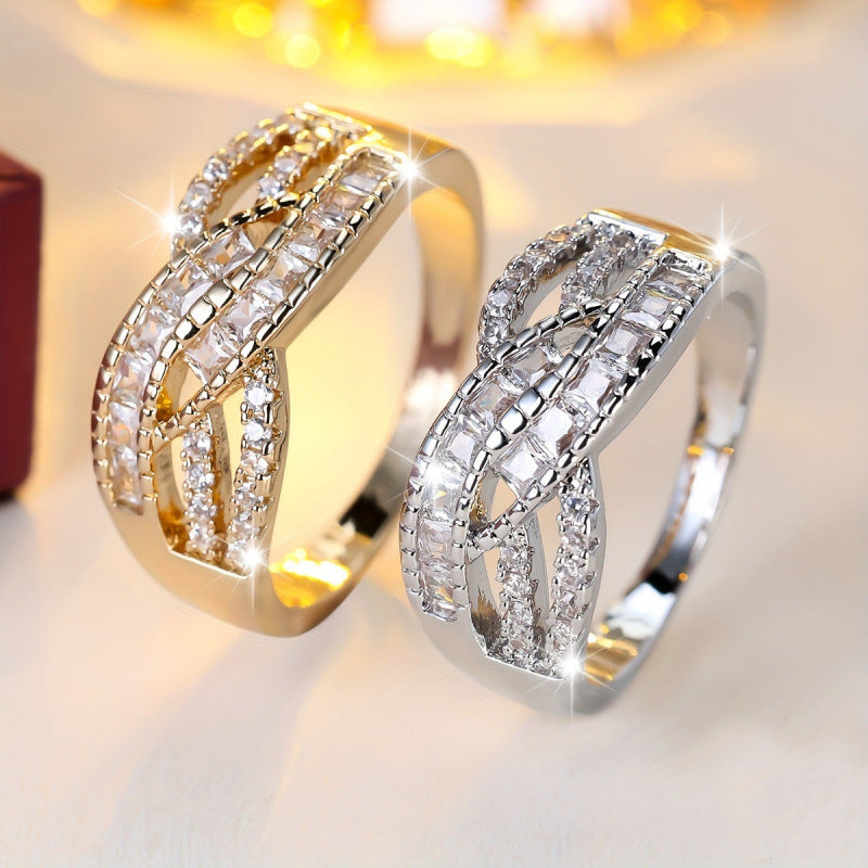 Women’s Crossover Rings In Gold Electroplated Copper Featuring Zircon Inlay