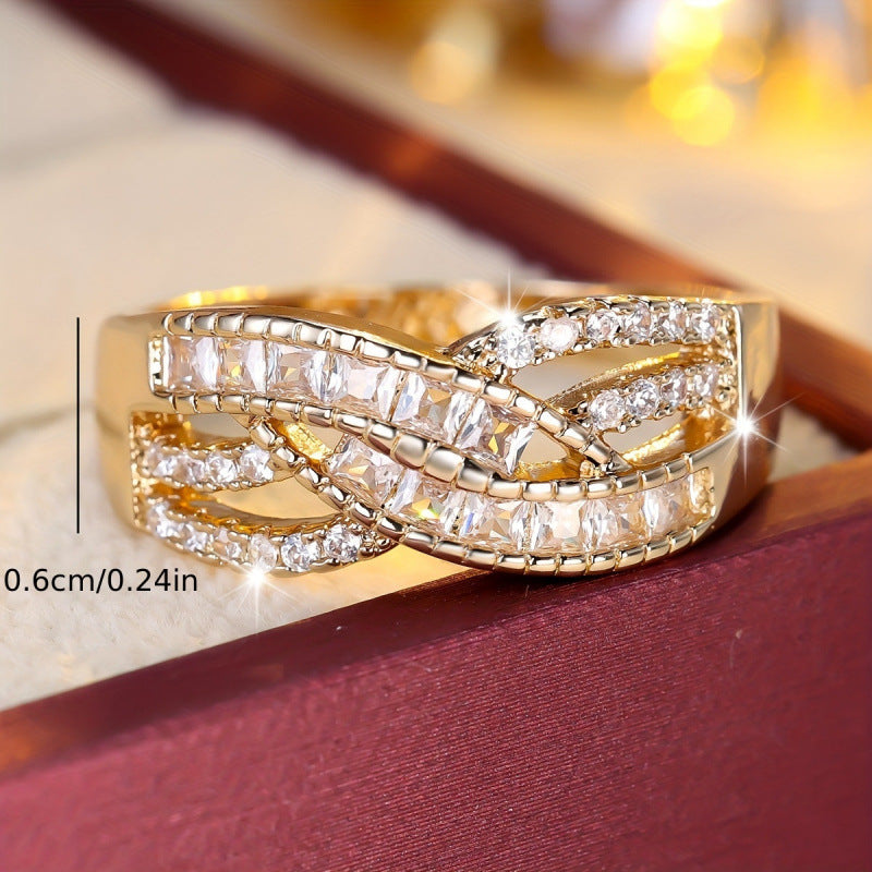 Women’s Crossover Rings In Gold Electroplated Copper Featuring Zircon Inlay