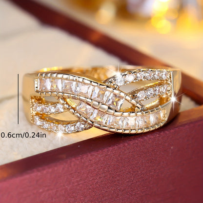 Women’s Crossover Rings In Gold Electroplated Copper Featuring Zircon Inlay