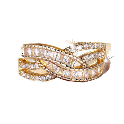 Women’s Crossover Rings In Gold Electroplated Copper Featuring Zircon Inlay