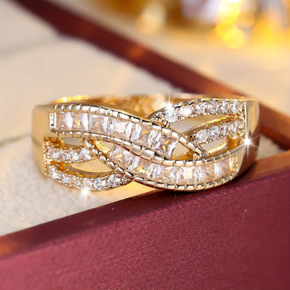 Women’s Crossover Rings In Gold Electroplated Copper Featuring Zircon Inlay