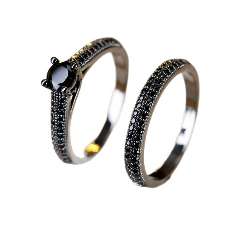 Couple Double Ring Set In Copper With Zircon Inlay, Elegant Matching Rings For Partners