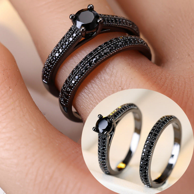 Couple Double Ring Set In Copper With Zircon Inlay, Elegant Matching Rings For Partners