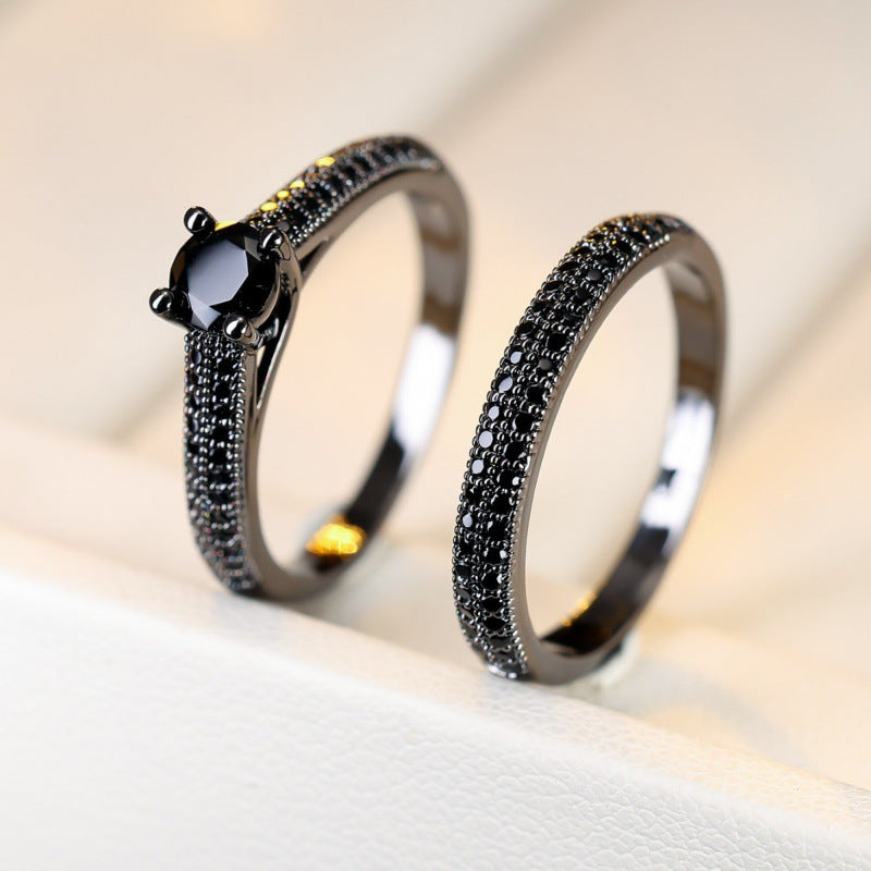 Couple Double Ring Set In Copper With Zircon Inlay, Elegant Matching Rings For Partners