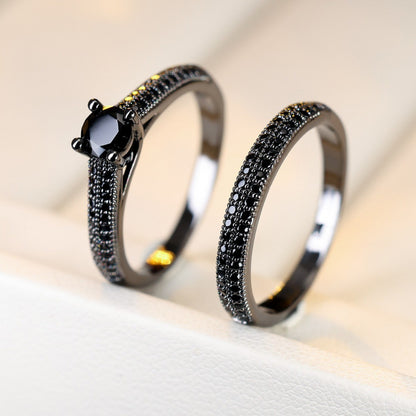Couple Double Ring Set In Copper With Zircon Inlay, Elegant Matching Rings For Partners