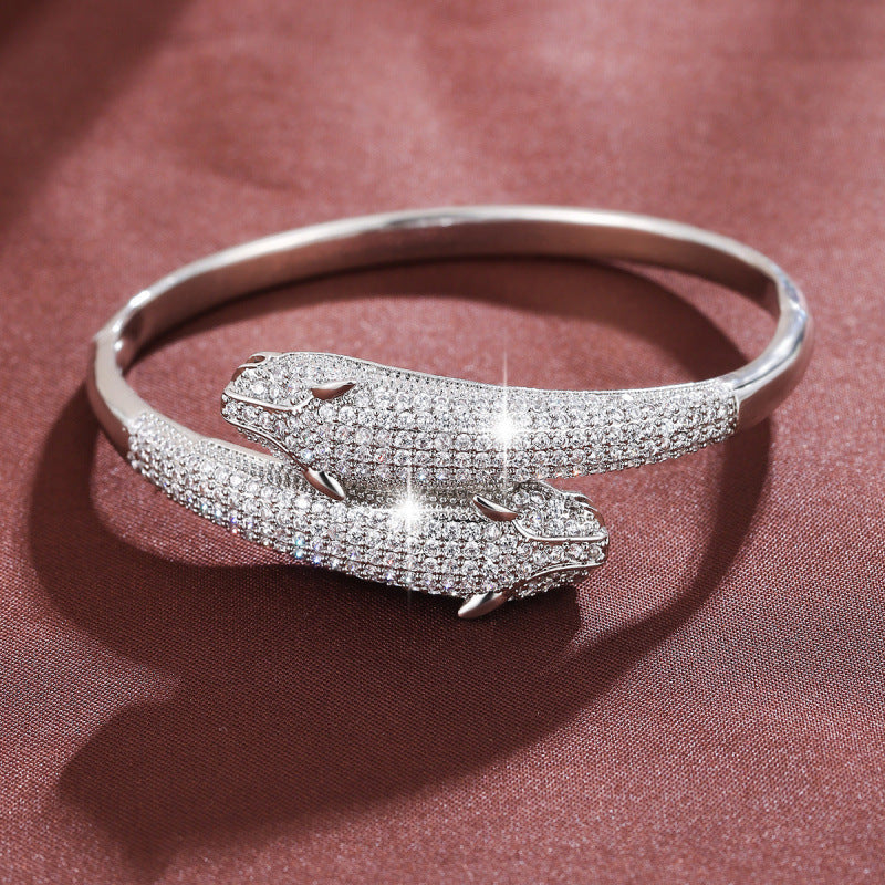 Animal Pattern Copper Bangle With Zircon Inlay, Electroplated Gold Plating, Elegant Gold Finish