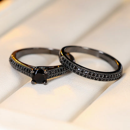 Couple Double Ring Set In Copper With Zircon Inlay, Elegant Matching Rings For Partners