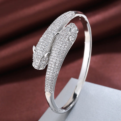 Animal Pattern Copper Bangle With Zircon Inlay, Electroplated Gold Plating, Elegant Gold Finish